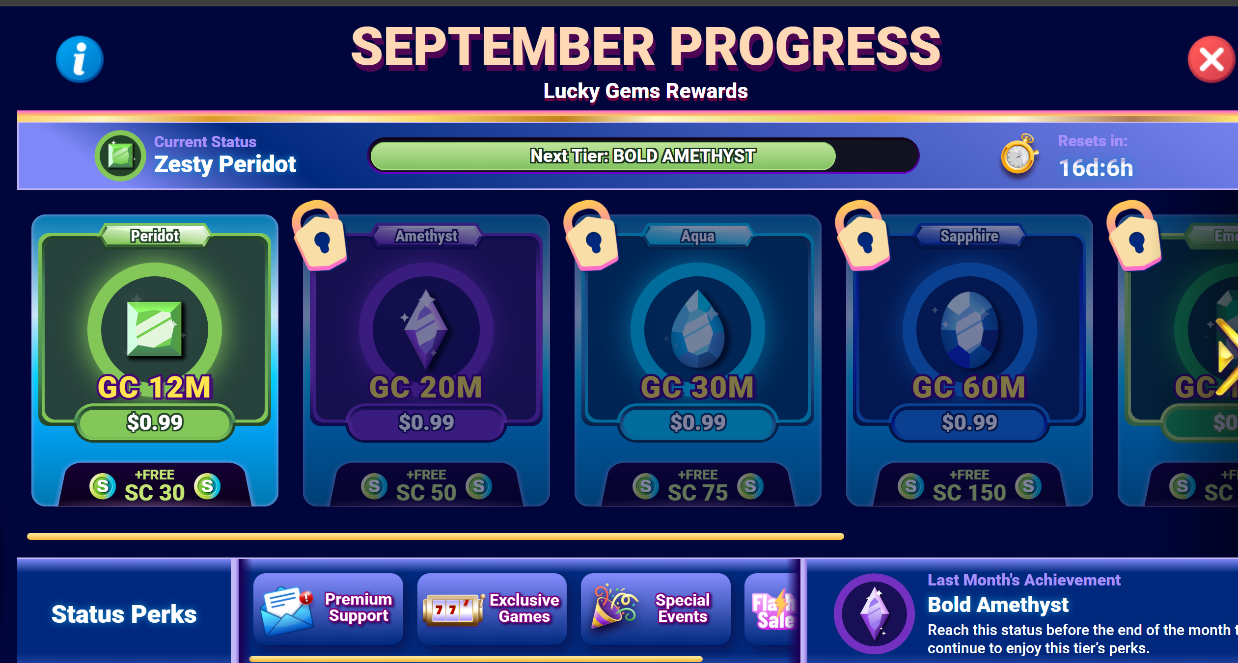 LuckyLand Lucky Gems Rewards progress showing Peridot with 30 bonus SC and Amethyst with 50 bonus SC