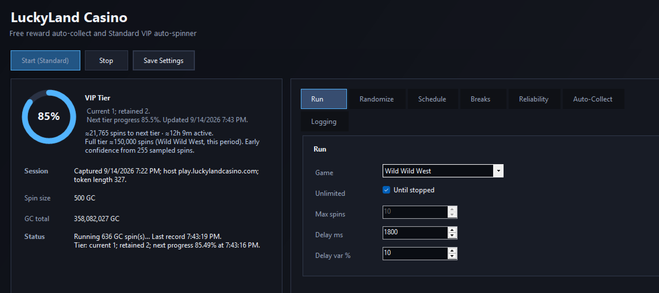 SweepsEdge Ops LuckyLand Casino panel showing 85 percent VIP progress and an active GC spinning session