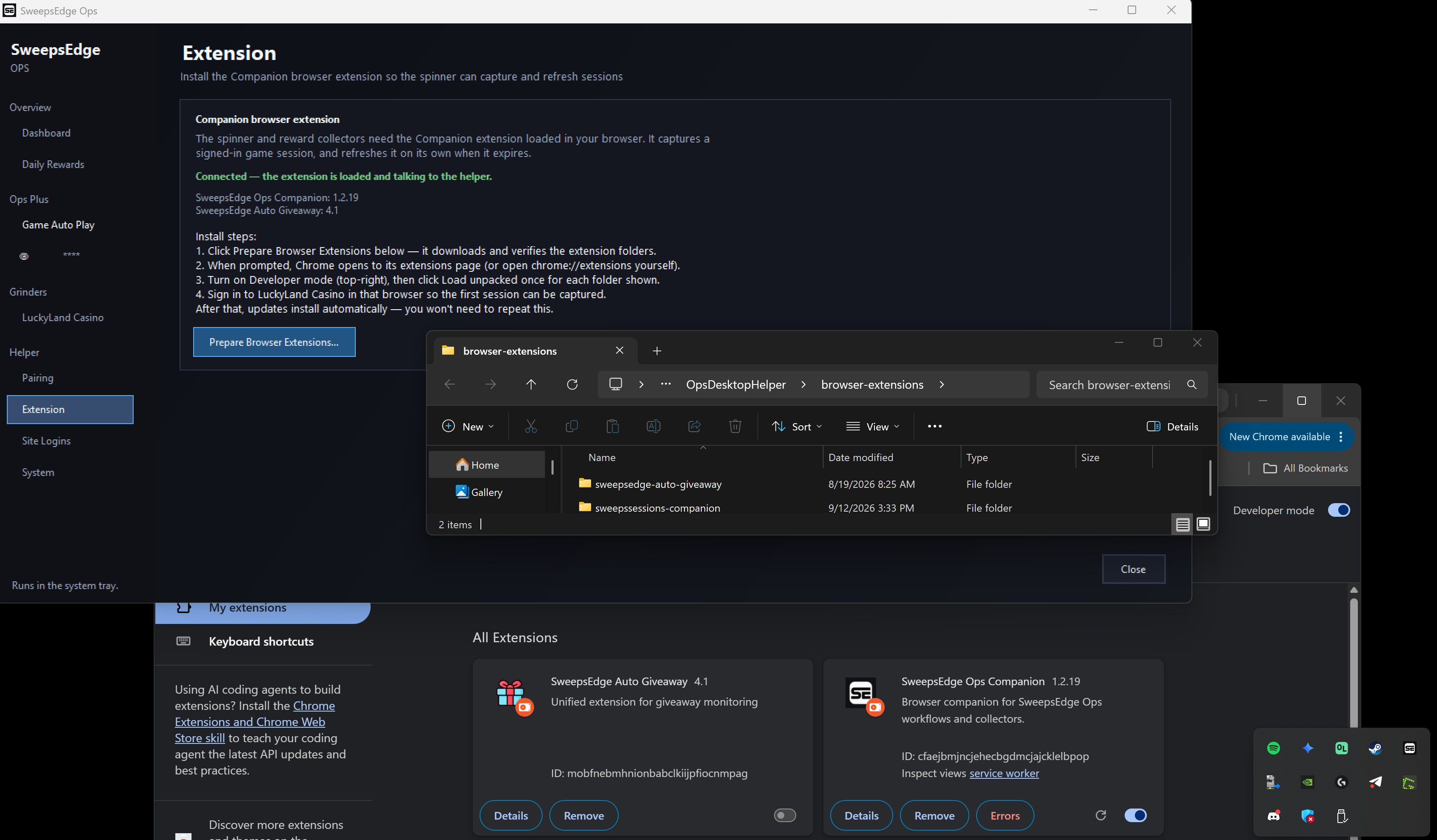 SweepsEdge Ops Extension screen beside Chrome extensions with the SweepsEdge Ops Companion loaded